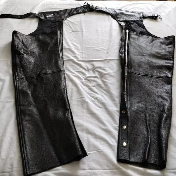 LEATHER KING Black Leather MOTORCYCLE CHAPS Size LARGE